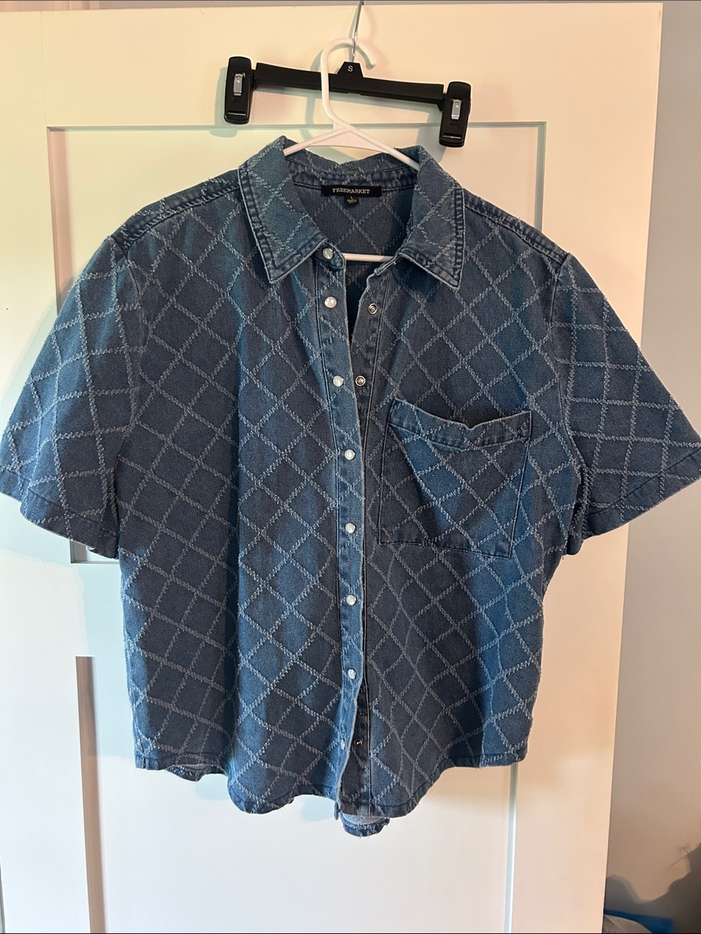 Washed Blue Diamond-Quilt Denim Pearl Snap Shirt